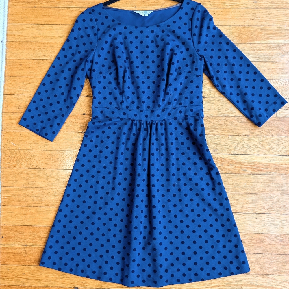 Boden Fit and Flare Blue Flocked Polka Dot 3/4 Sleeve Dress 4P